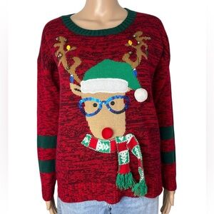 Hooked Up by IOT Ugly Reindeer Jingle Bells Sequins Christmas Sweater
